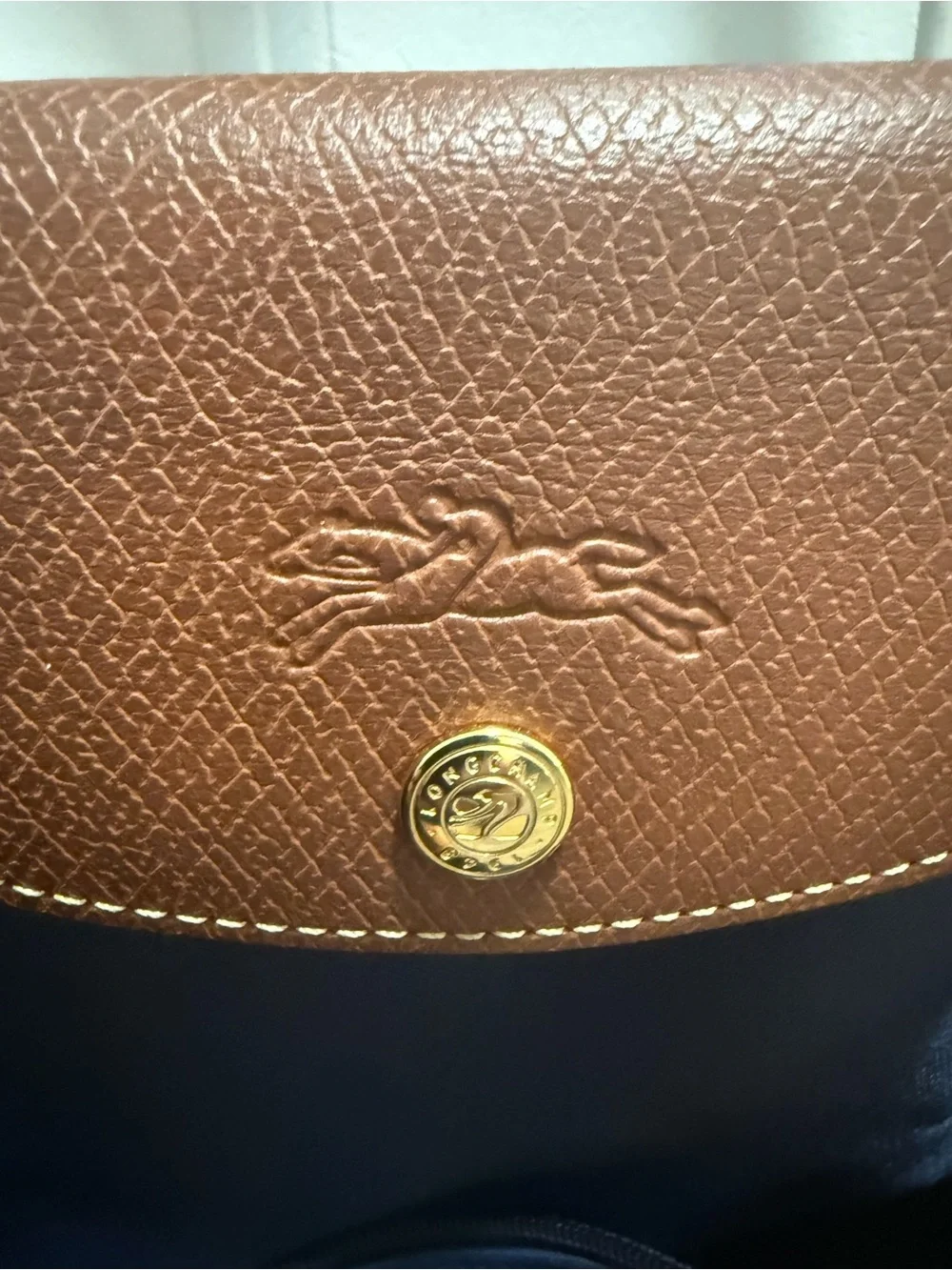Longchamp Medium size Navy Tote with Brown Leather Trim and Handles